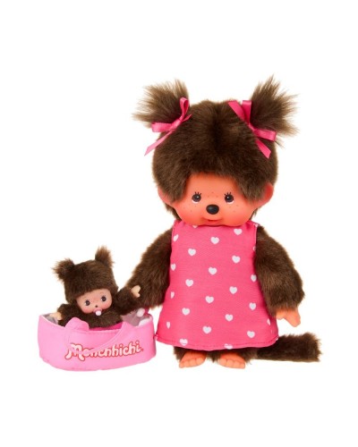 Monchhichi mama en baby in draagmand 20 cm