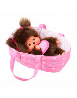 Monchhichi in roze draagmand 20 cm 
