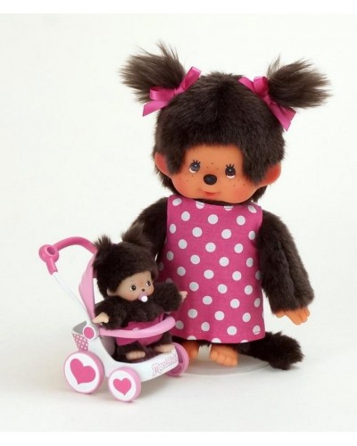 Monchhichi aapje mama en baby in wandelwagen 20cm